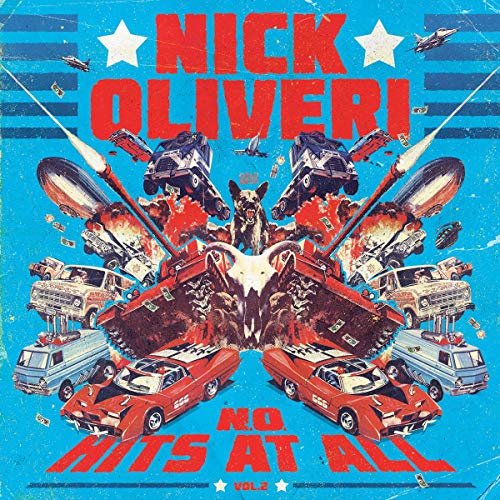 Vintage-style album cover with cars, explosions, a skull, and a dog.