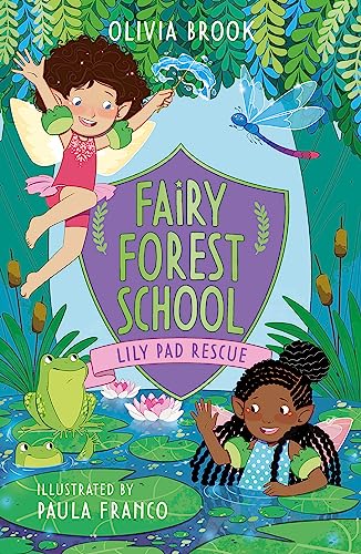 Illustrated book cover featuring two fairies, frogs, and a dragonfly in a pond.