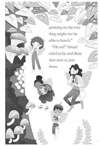Black and white illustration of fairies and a teacher in a mushroom forest.