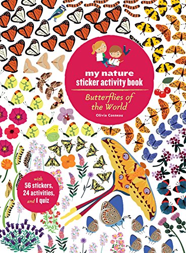 Book cover with colorful butterflies, a girl, and sticker details.