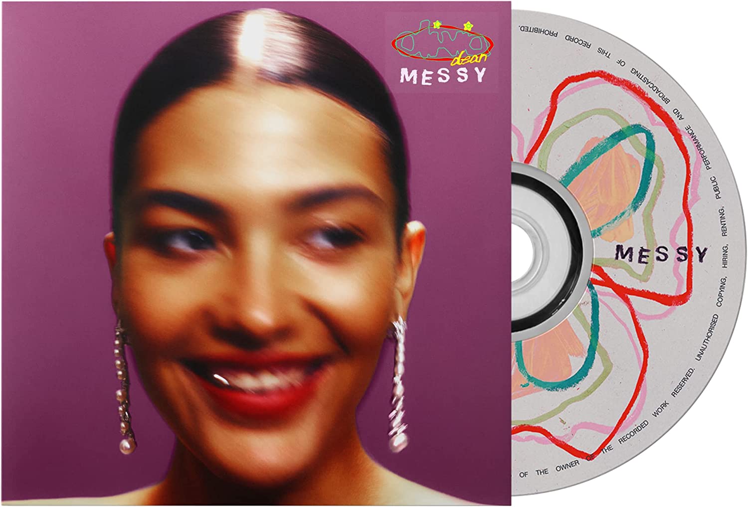 CD cover for Olivia Dean’s “Messy” album, featuring a portrait and abstract art.