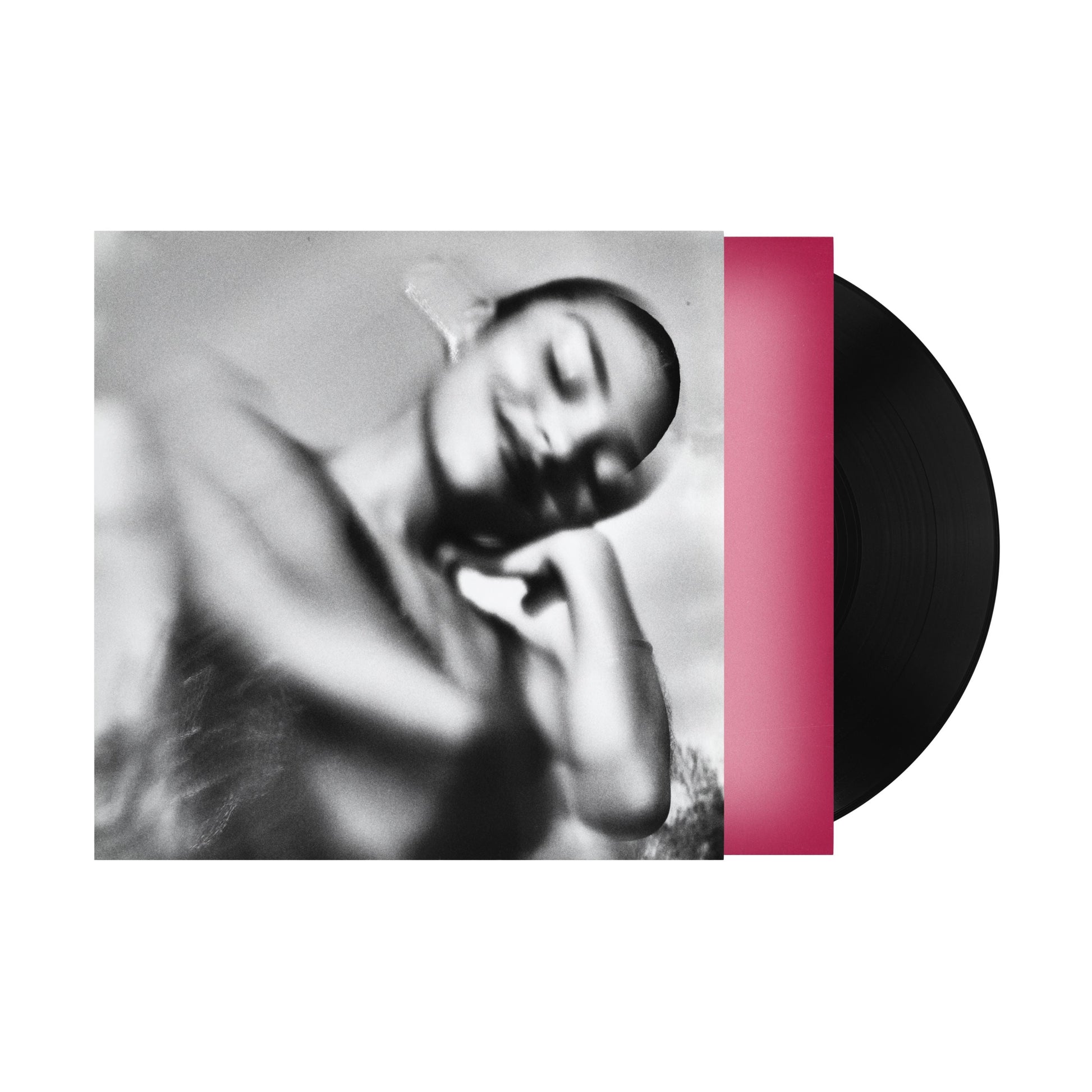 Black and white portrait of Olivia Dean on a vinyl record sleeve with pink accent.
