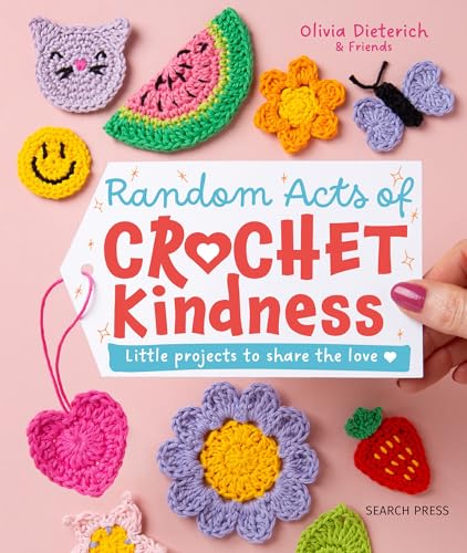 Book cover featuring small colorful crochet items arranged around a central white gift tag.