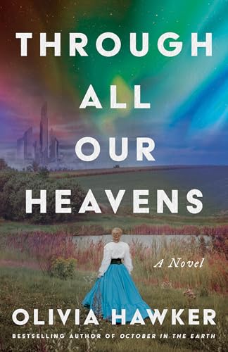 Book cover: woman in blue dress, city skyline, colorful sky.