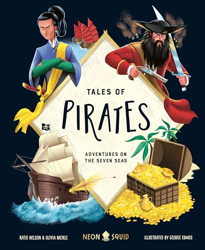 Book cover featuring a female pirate, a bearded male pirate, a ship, and treasure.