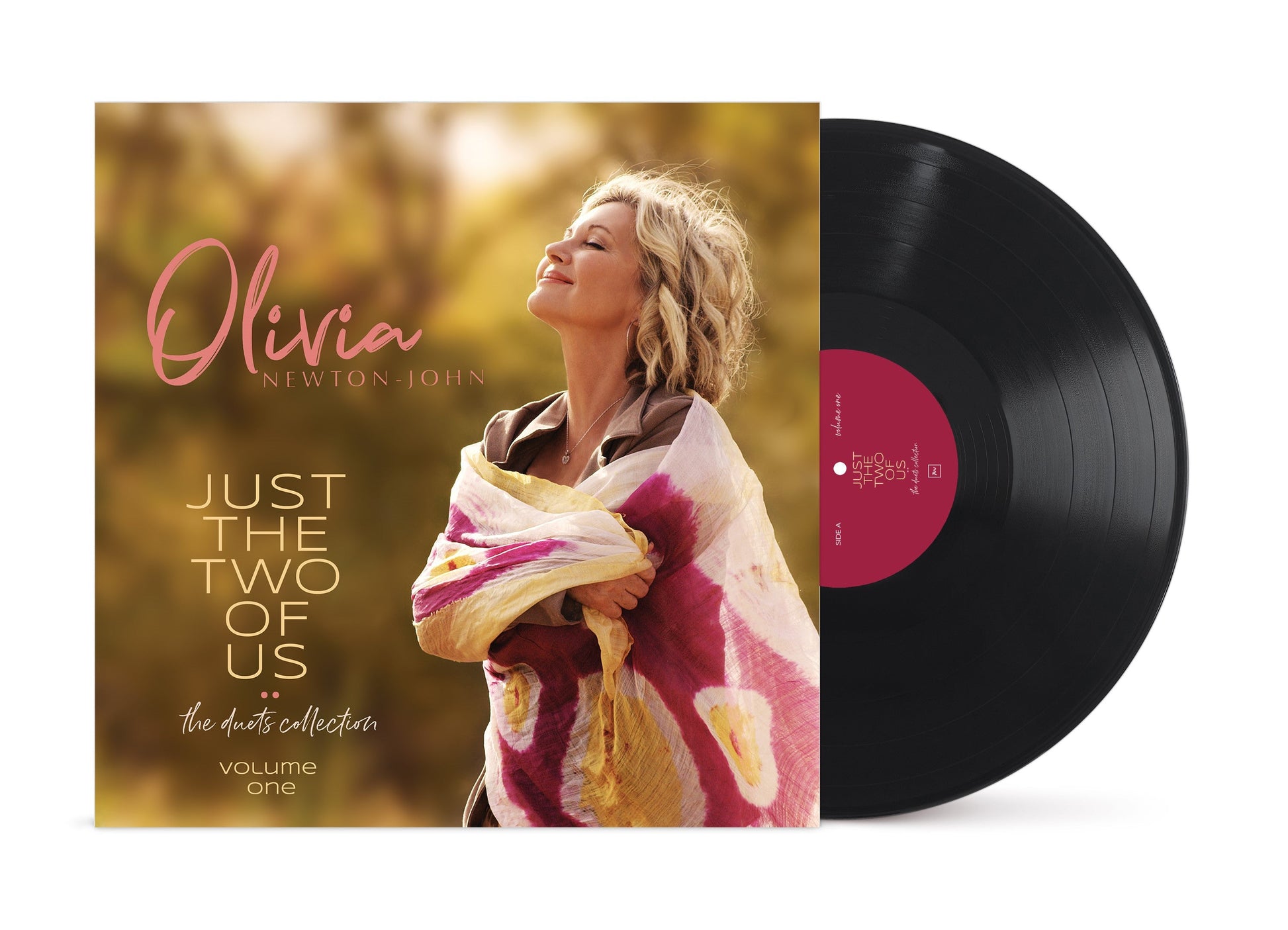 Olivia Newton-John album cover featuring a portrait with a vinyl record beside it.