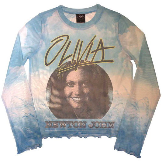 A long-sleeved black t-shirt featuring a circular photograph of Olivia Newton-John.