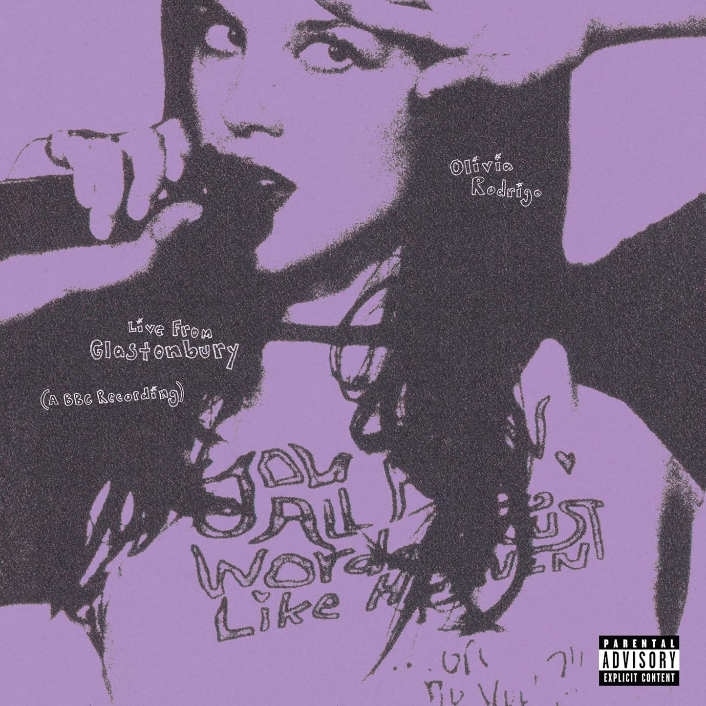 Olivia Rodrigo album cover, purple tone, with handwritten text and imagery.