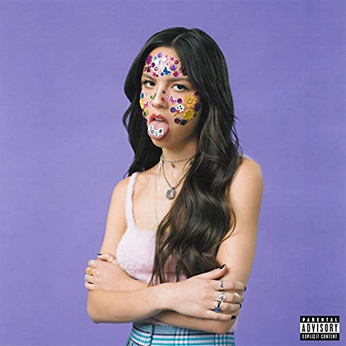 Olivia Rodrigo album cover, “SOUR”, with floral stickers and purple background.
