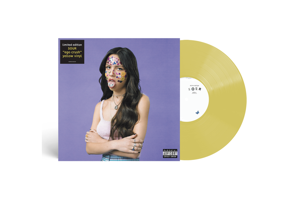 Olivia Rodrigo’s “SOUR” album cover and yellow vinyl record displayed.