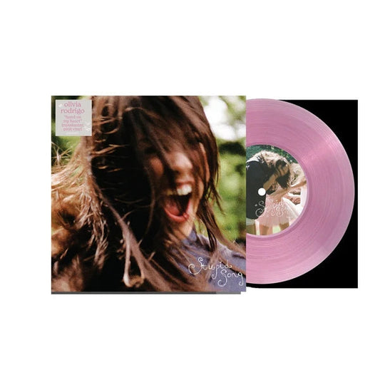 Olivia Rodrigo’s “Stupid Song” pink vinyl record with album cover art.