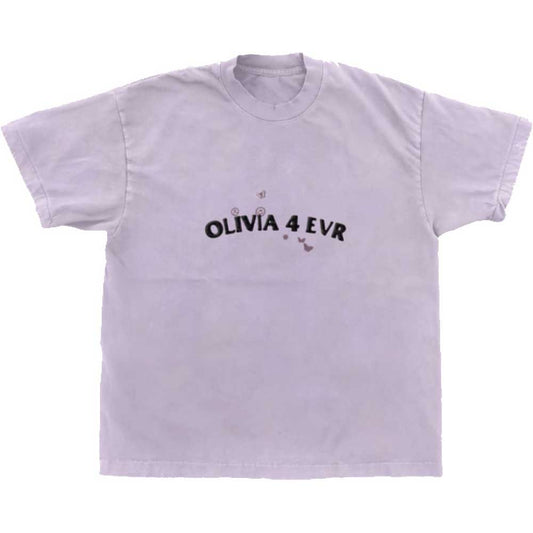 Light grey t-shirt with "Olivia 4 Evr" text and small graphics.