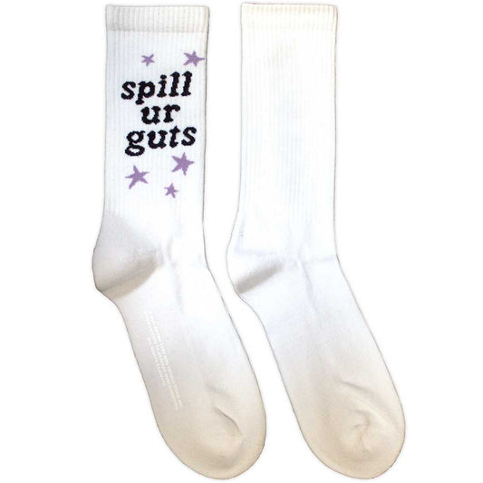 Black crew-length terry socks featuring the text Spill Your Guts in white lettering.