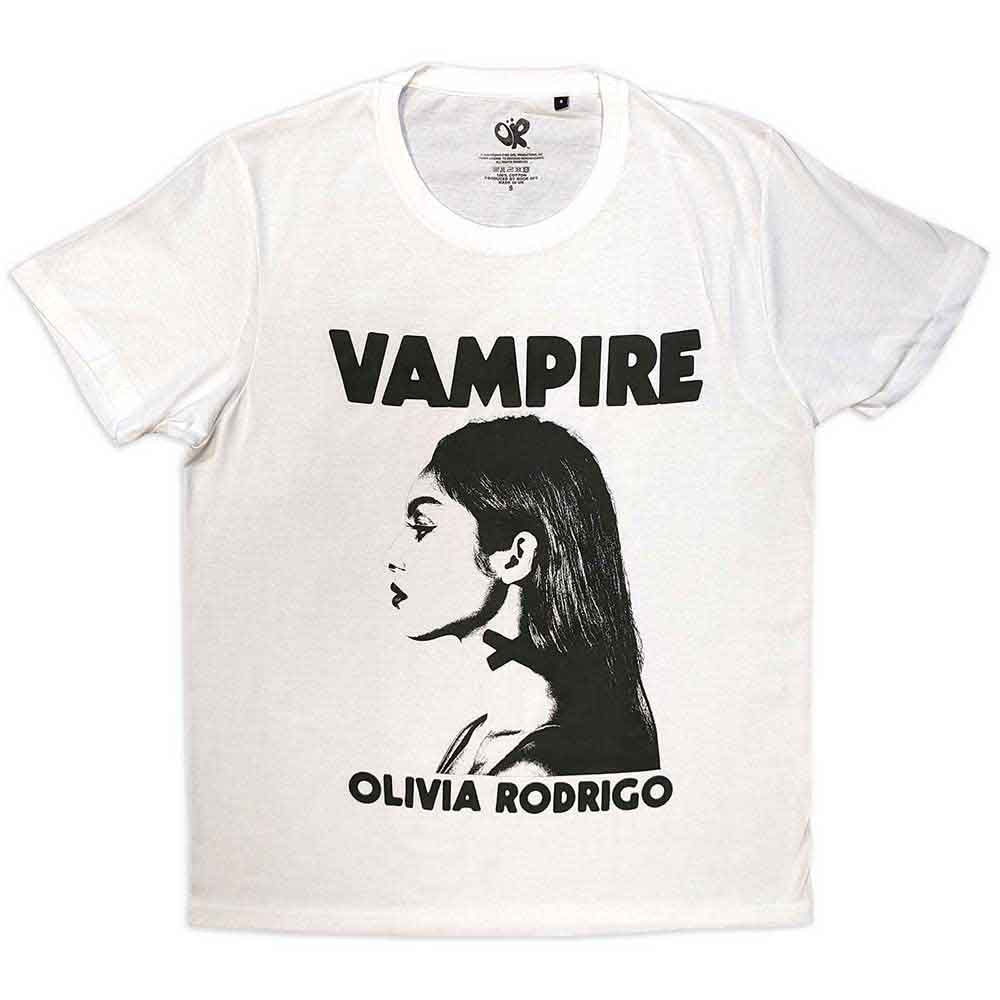 Black t-shirt with white “Vampire” text, likely featuring Olivia Rodrigo imagery.