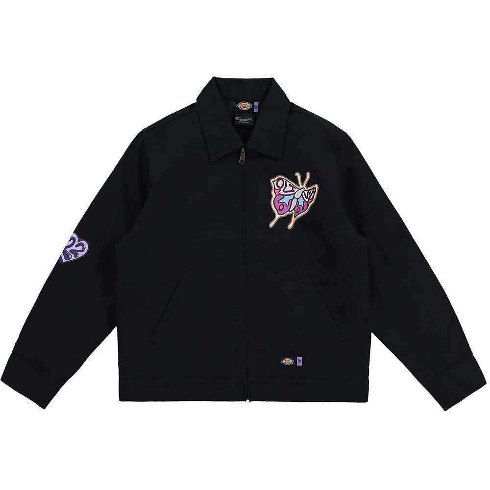 Black zipped jacket with “Sour” and Dickies branding, size X-Large.