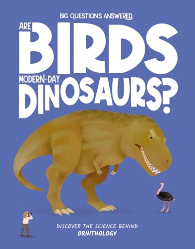 Book cover featuring a dinosaur, a bird, and a child with binoculars.