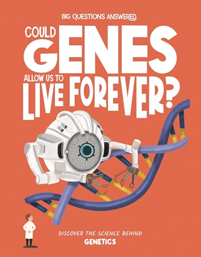 Book cover with robotic arms examining a DNA strand, orange background.