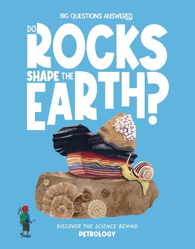 Book cover with stacked rocks, a snail, and a child looking at fossils.