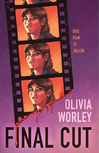 Book cover showing a film strip with a woman's face dripping blood on purple background.