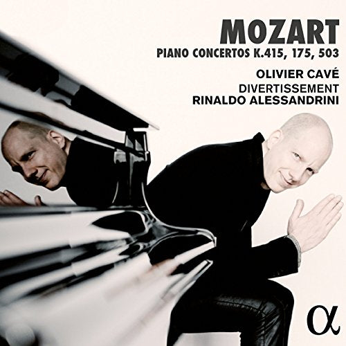 CD cover with a man playing piano, titled "Mozart Piano Concertos".