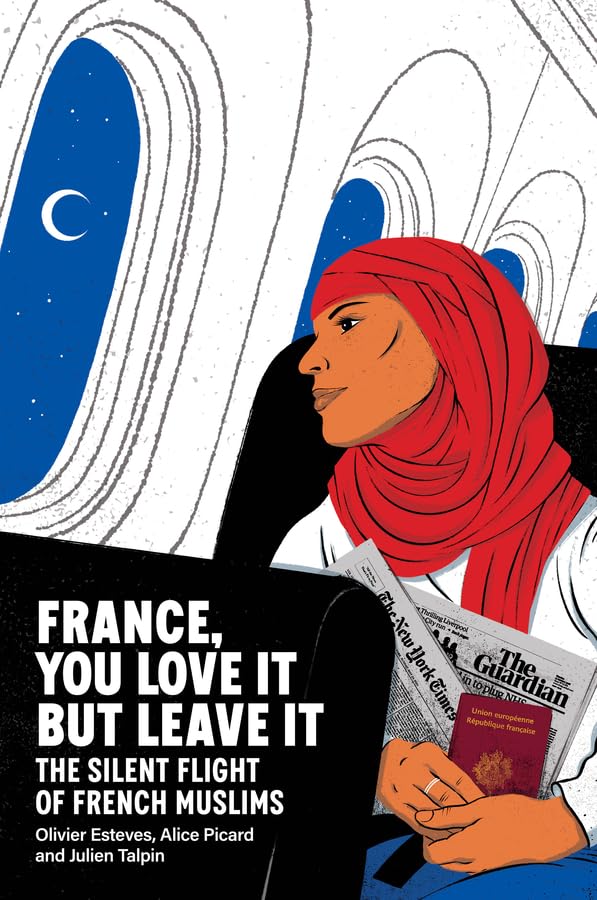 Book cover: woman in hijab with a French passport and newspapers.