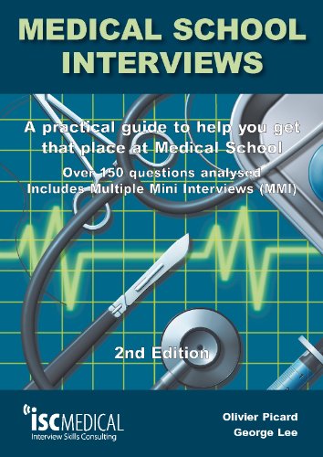 Book cover for “Medical School Interviews,” featuring medical tools and a heartbeat line.