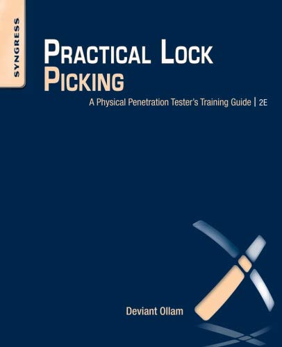 "Book cover with dark blue background, pickaxe graphic, and title 'Practical Lock Picking'."