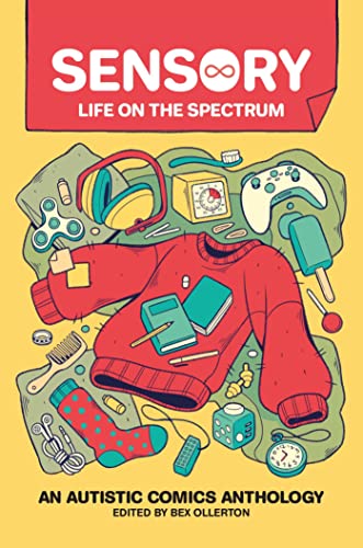 Book cover illustration showing a red sweater surrounded by various sensory objects and toys.