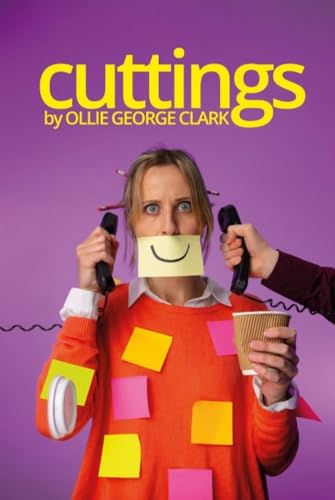 Woman with sticky notes and phones covering face, purple background.