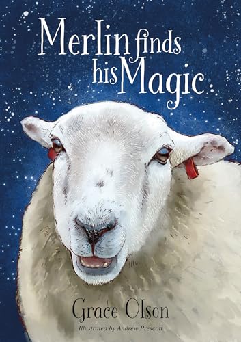 Book cover: a white sheep’s face with red ear tags, titled “Merlin finds his Magic.”