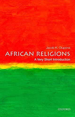 Book cover for African Religions by Jacob K. Olupona with red, yellow, and green background.
