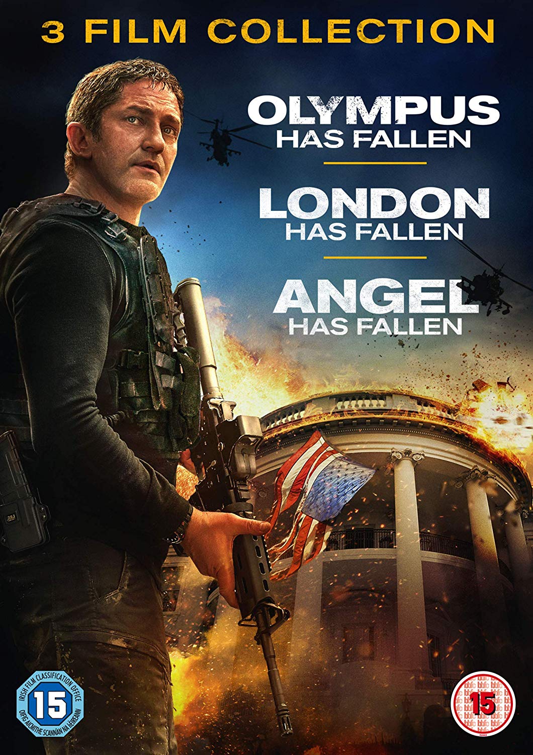 DVD cover featuring a man with a gun and burning government building.