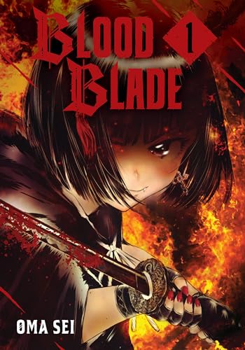 Manga cover: young woman with sword, fiery orange and red background.