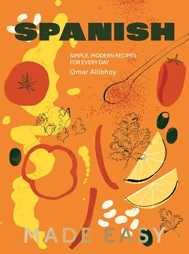 Book cover with orange background, illustrated food ingredients, and the title Spanish Made Easy.