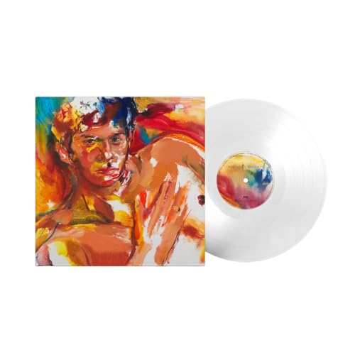 Omar Apollo album cover and white vinyl record with colorful center.