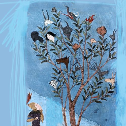 Painted tree with animal and human faces in blue tones.