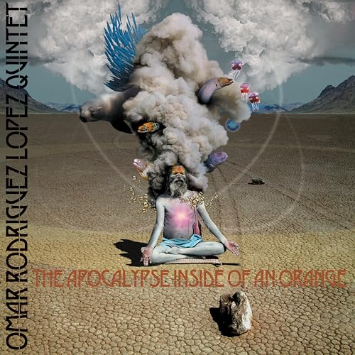Album cover: man meditating amidst a surreal, explosive landscape.