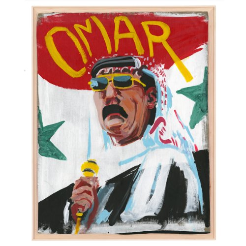 Painting of Omar Souleyman wearing sunglasses and a keffiyeh, holding a microphone.
