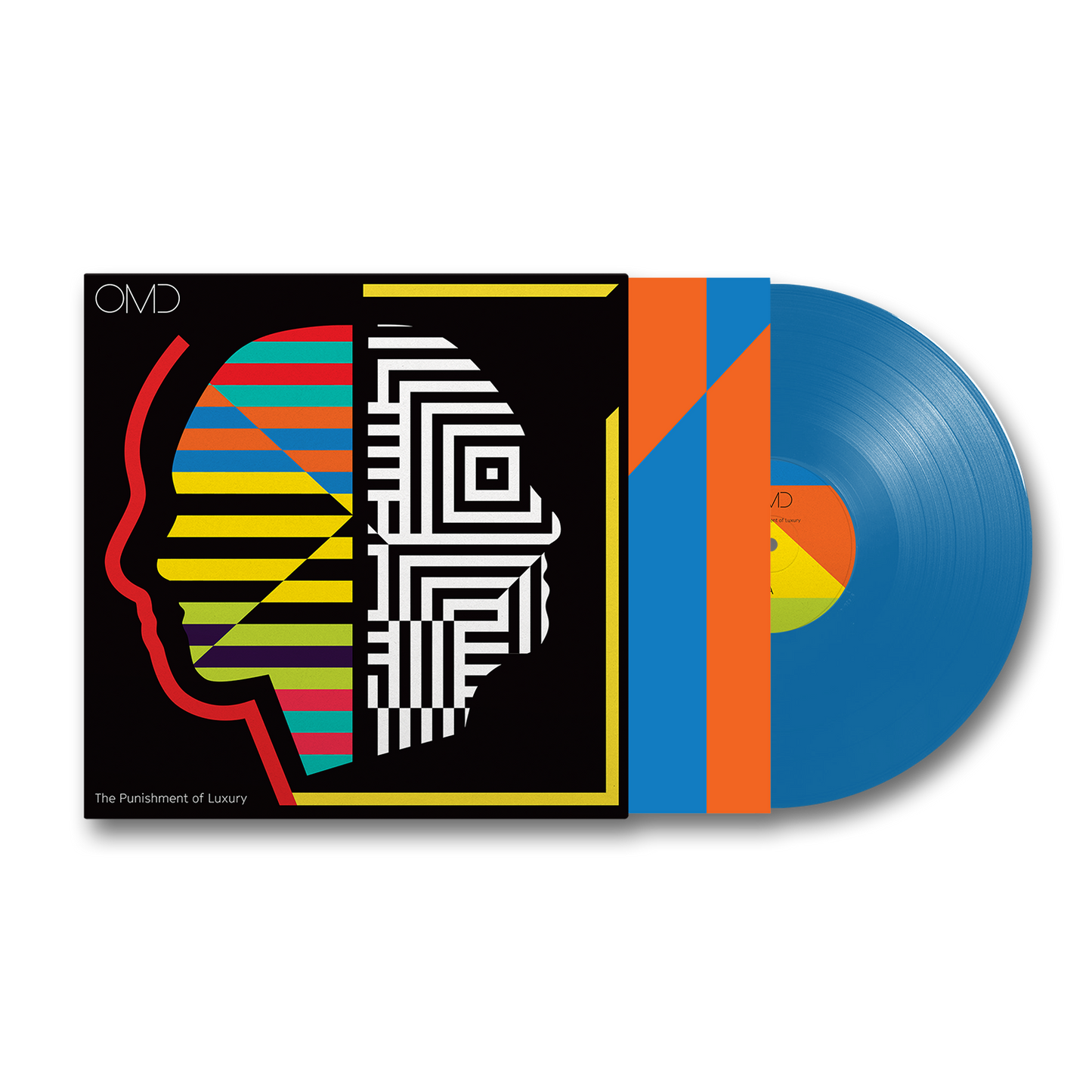 OMD album cover and blue vinyl record with geometric head design.