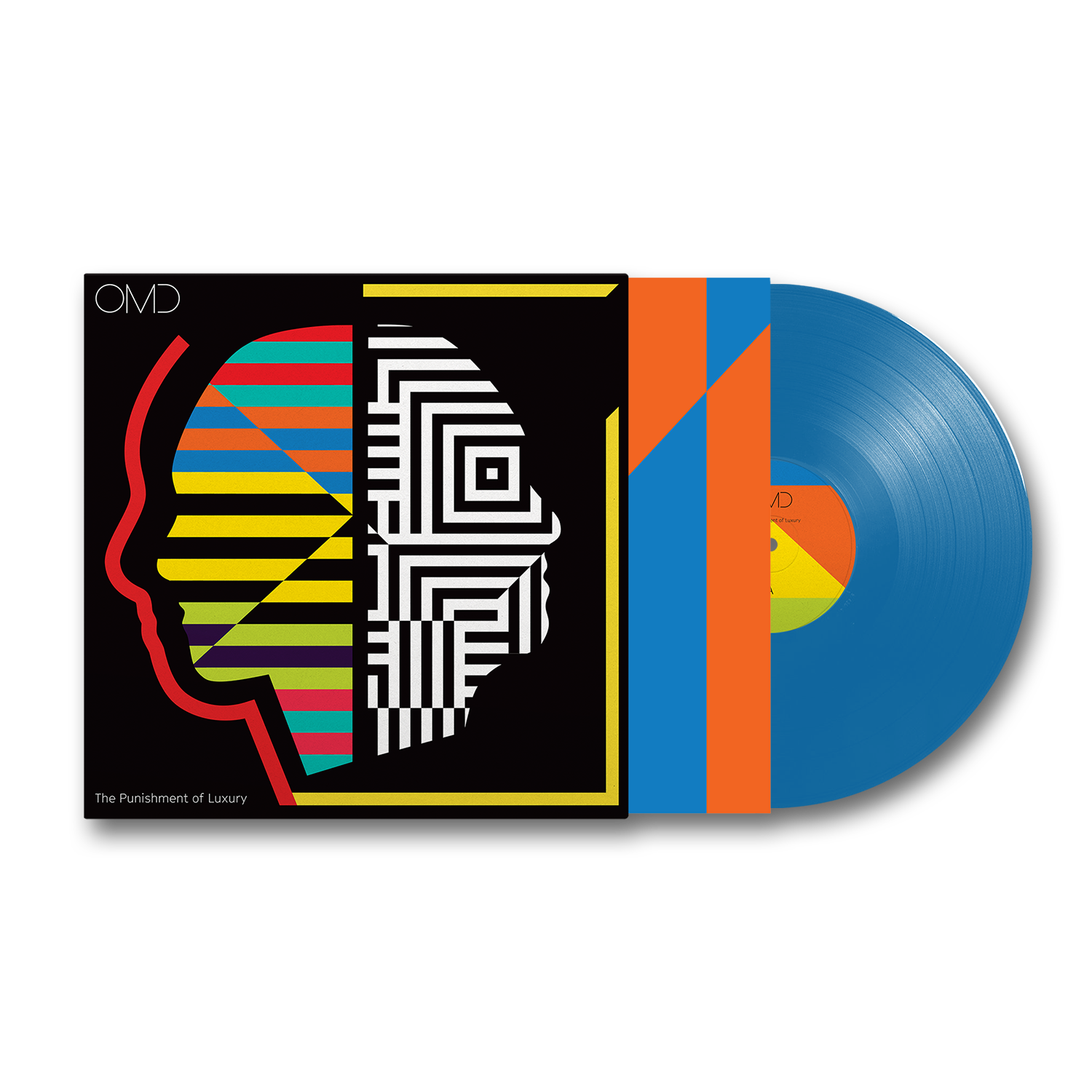 OMD album cover and blue vinyl record with geometric head design.