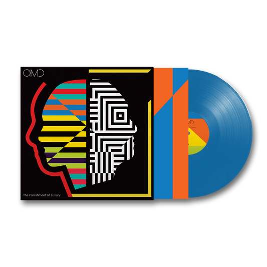 OMD album cover and blue vinyl record with geometric head design.