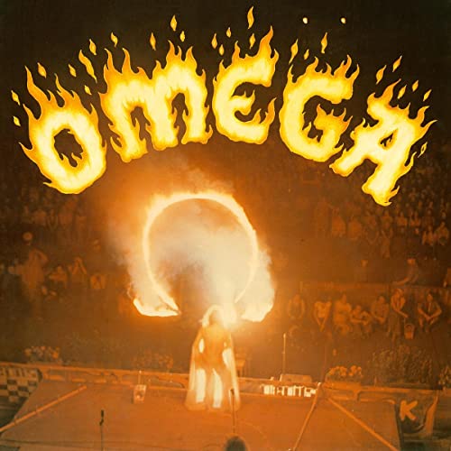 Vinyl album cover: "Omega" in flaming letters, figure performing with fire.