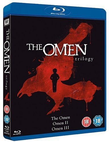 The Omen Trilogy Blu-ray case featuring a silhouette of a child against red wings.