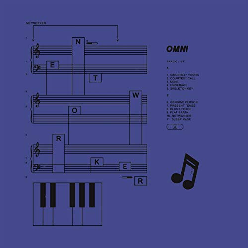 "Purple album cover with musical notes and 'Omni' title, featuring a track list and piano keys."
