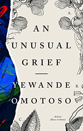 Book cover: "An Unusual Grief" by Yewande Omotoso, with floral illustrations.