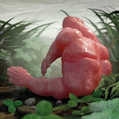 A pink, muscular, fleshy creature resembling a shrimp sits among green plants and rocks.
