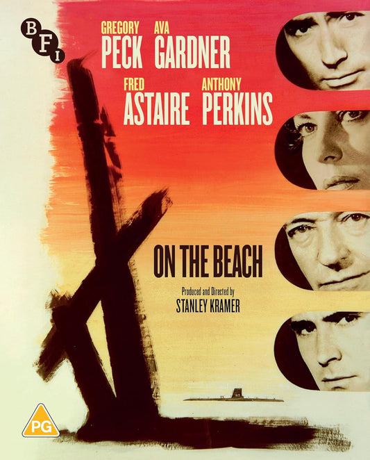 Movie poster for "On the Beach" featuring four faces and a dark cross.
