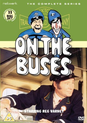 DVD cover for On The Buses featuring cartoon characters and Reg Varney as driver.