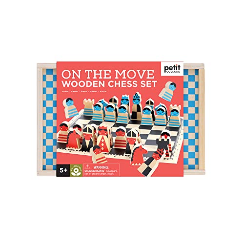 Wooden chess set in a colorful box, pieces visible inside.