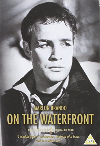 Black and white DVD cover featuring actor Marlon Brando, film title "On The Waterfront".